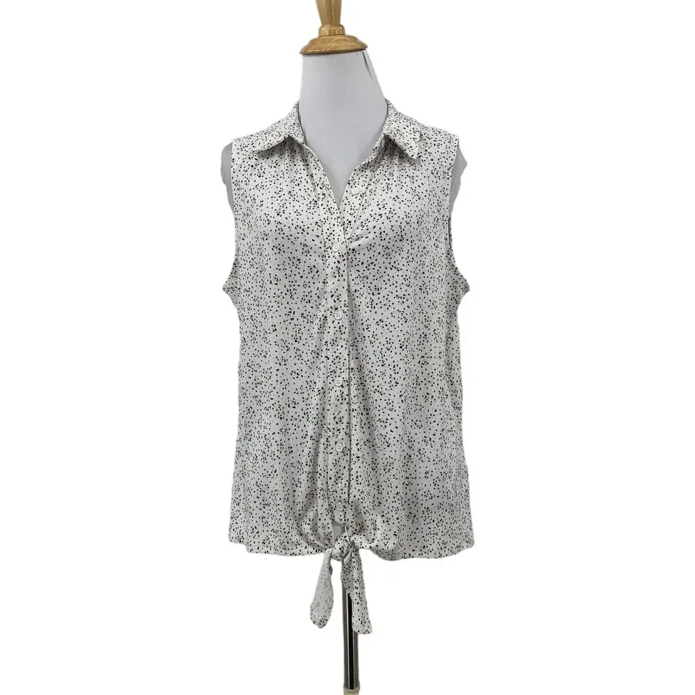 Adrianna Papell Printed Knit Blouse Women M White Sleeveless Button Up Tie Front
